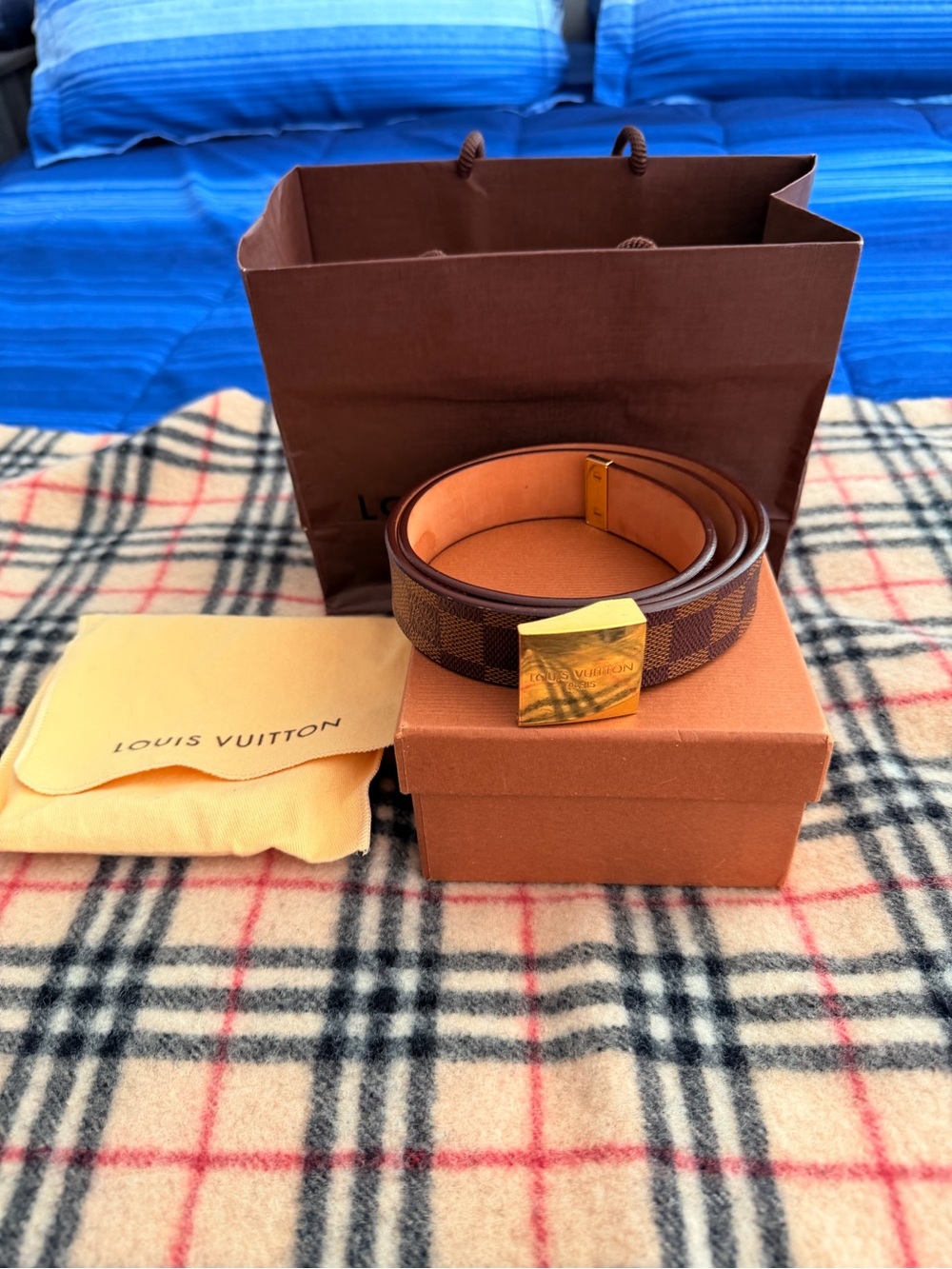 Louis Vuitton Damier Ebene Belt with Gold-Tone Square Buckle